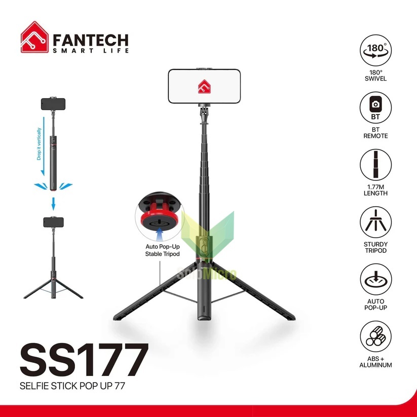FANTECH SS177 Selfie Stick Live ขาตั้งกล้องบลูทูธ 1.77m อลูมิเนียมพร้อมไฟและการหมุน 180° สําหรับโทรศ