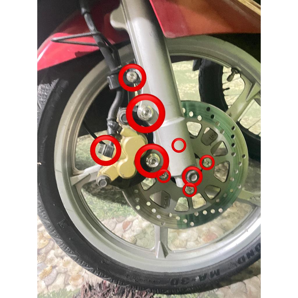 BRACKET BOLT + BRAKE + BANJO + AXLE + FRONT CALIPER DISK (9 BOLT) YAMAHA NOUVO Z LELE VIENGKONG ELEG