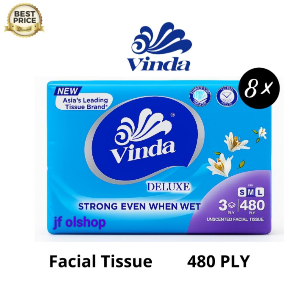 | 8ชิ้น | Vinda deluxe M face soft Pack 480ply ทิชชู่ 3 ชั้น - กระดาษเช็ดหน้า mini Pack
