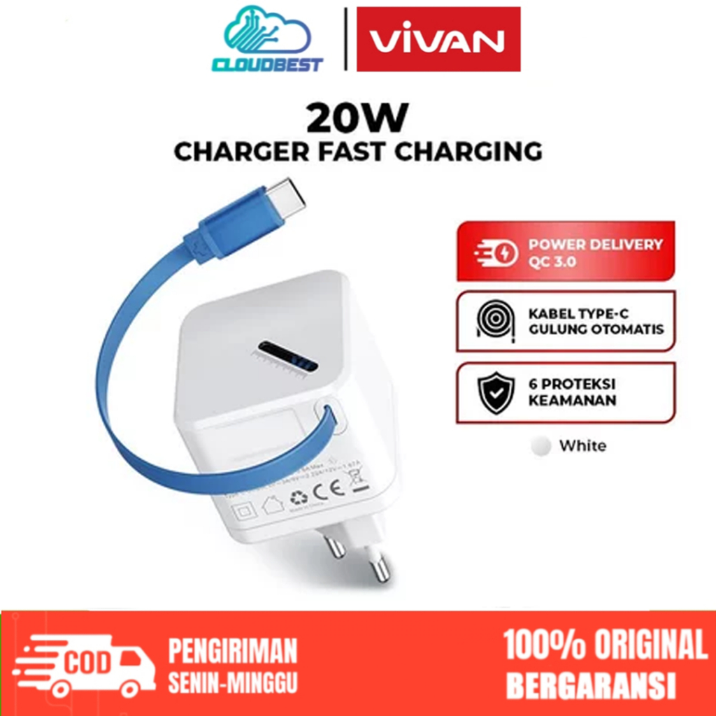 VIVAN Mini Charger Super 4S Integrated Cable Type C 70CM Fast Charging 20W 3A PD QC 3.0