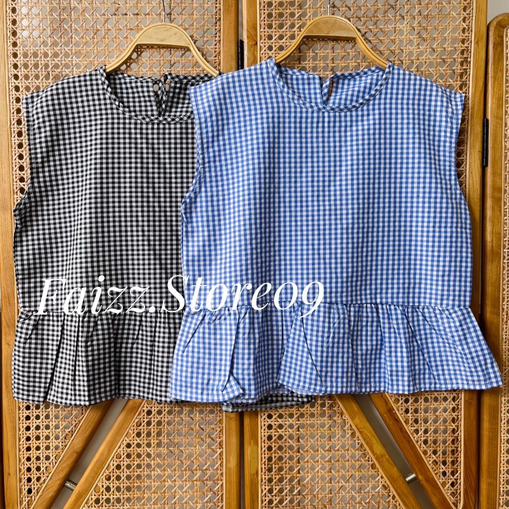 Denee Vest Inner Top Stripe Sleeve Womens Top with Checkered Ruffle Pattern Korean Style Premium