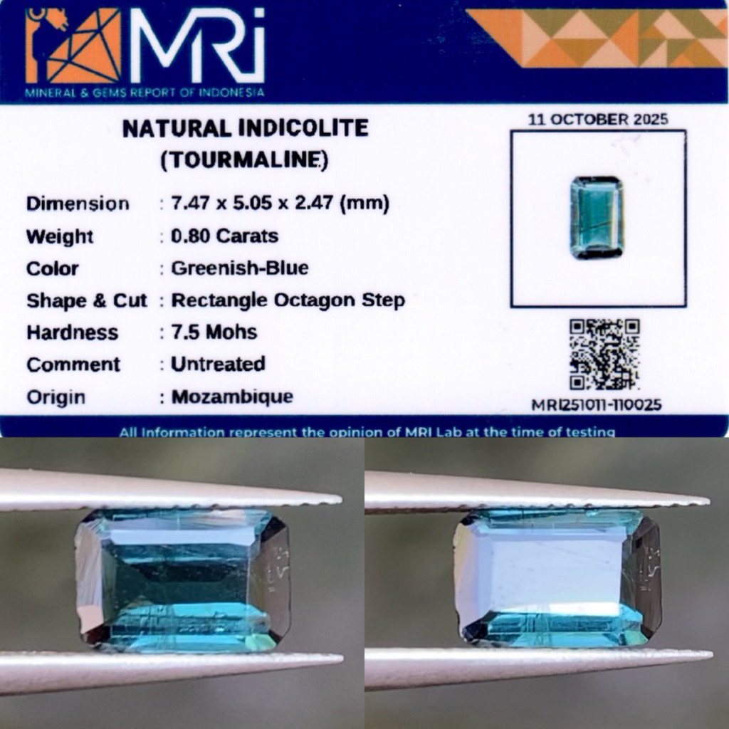 0.80 cs Natural Indicolite Tourmaline origin Mozombique No Treatment Memo MRI