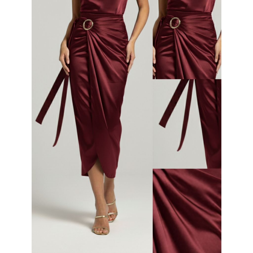 กระโปรงผ้าซาติน Premium Maroon/ Sateen Drawstring Fabric/ Plain Satin Velvet Kebaya Bottom
