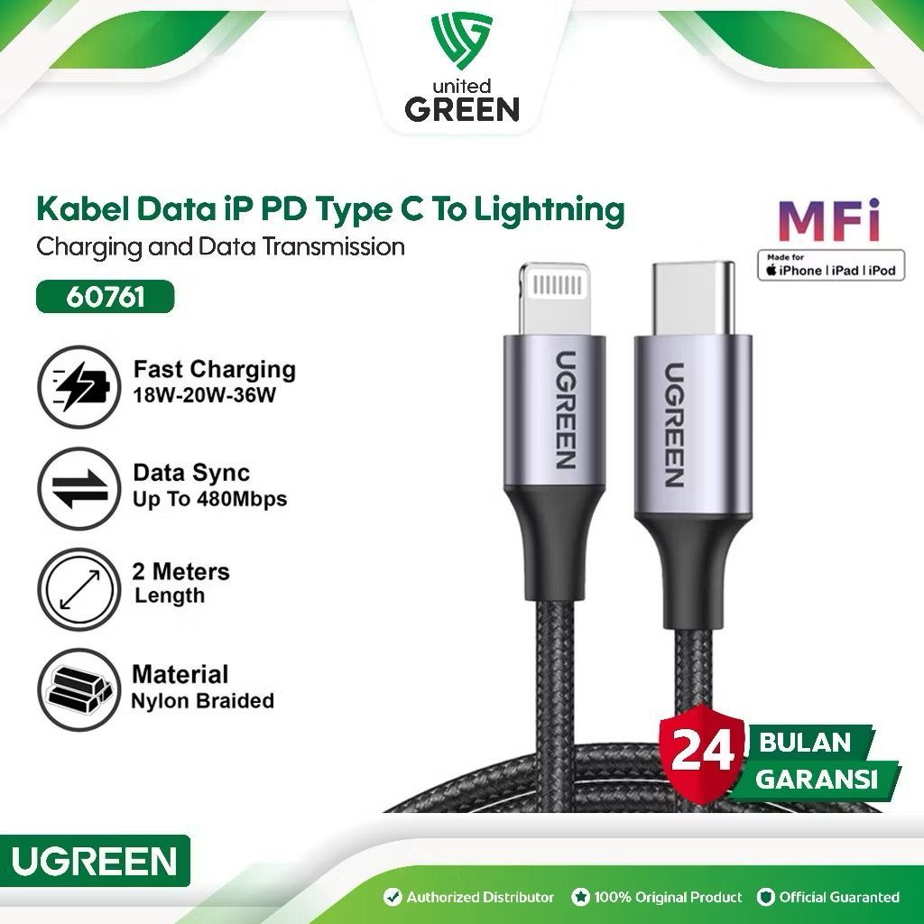 UGREEN MFi สายชาร์จเร็ว 20W 2M Nylon || Ugreen สายชาร์จเร็ว iPhone 20W 2M Nylon 60761