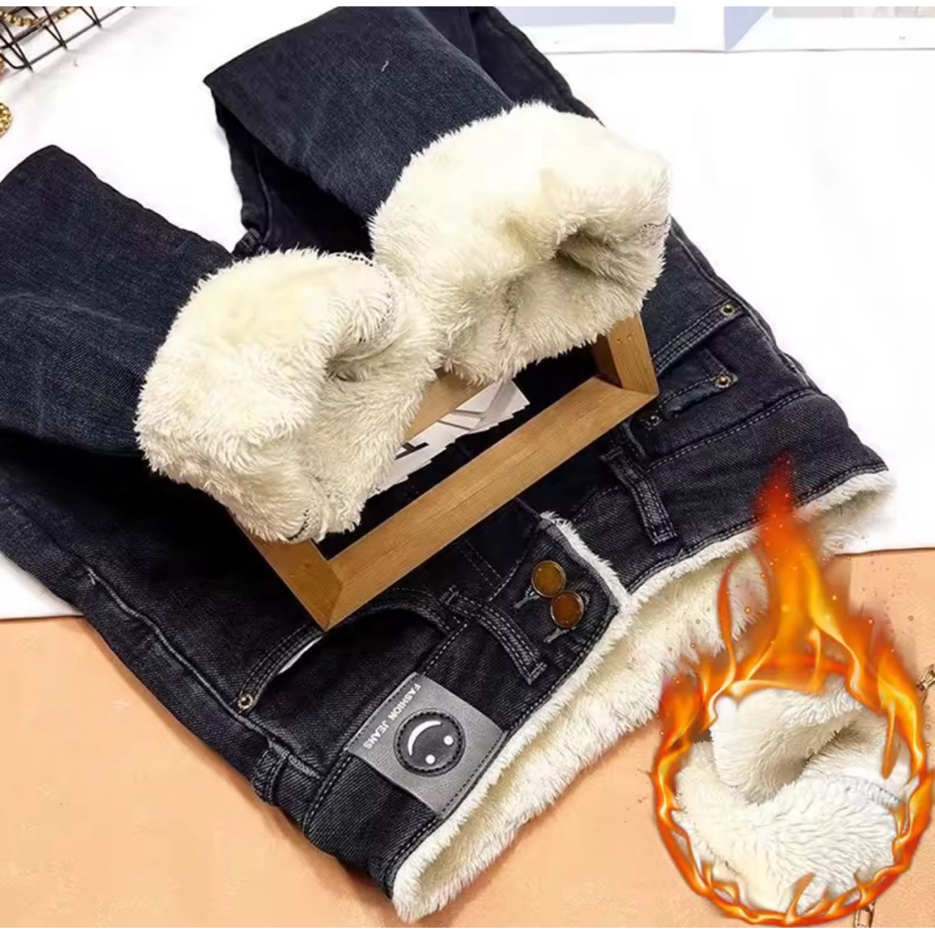 กางเกงกันหนาวผู้หญิง กางเกงยีนส์ดินสอหนังแกะสกินนี่ Vaqueros Korea