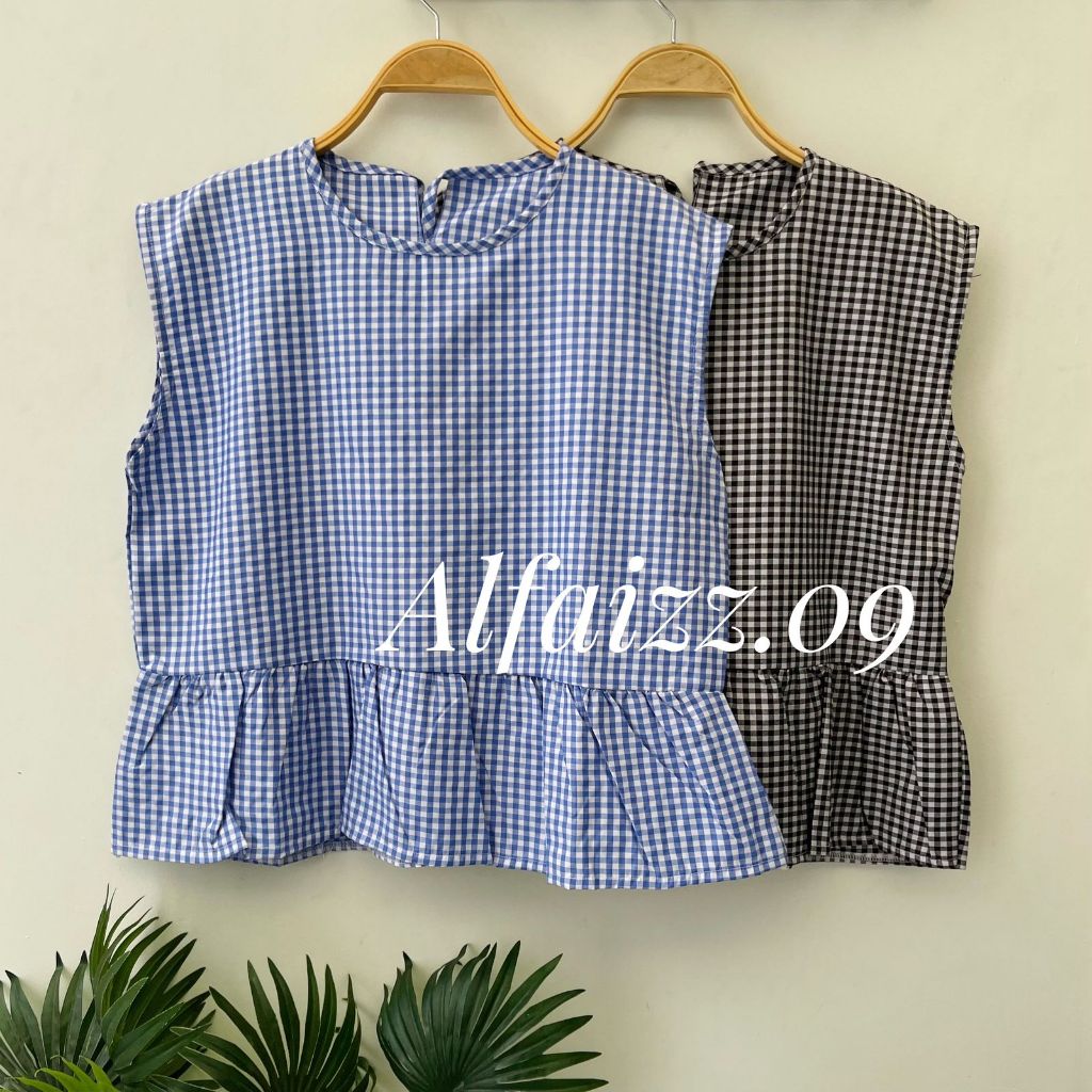 Denee Vest Inner Top Stripe Sleeve Womens Top with Checkered Ruffle Pattern Korean Style Premium