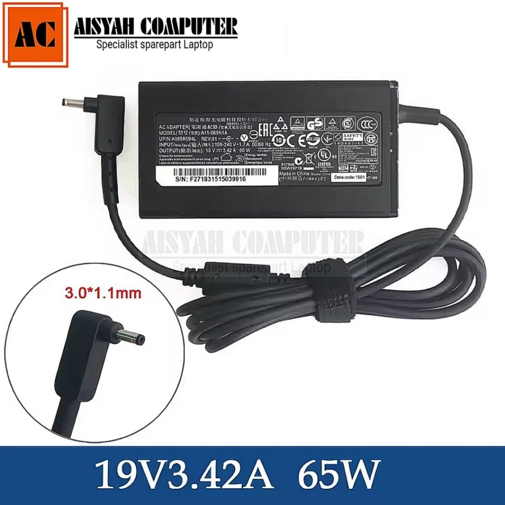 อะแดปเตอร์แล็ปท็อปเดิม 19V 3.42A 65W Acer Swift 3 SF314-59-75QC AC Adapter Charger A11-065N1A