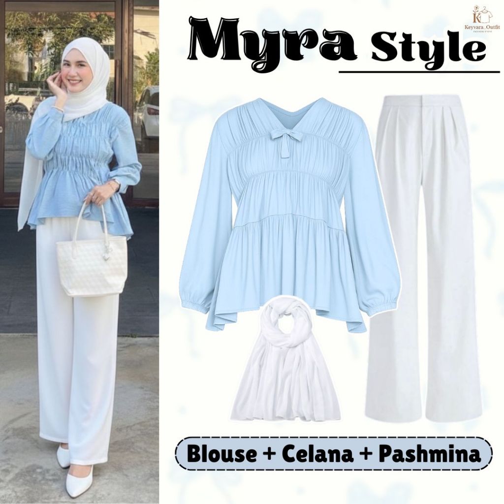 One Set 3in1 ผู้หญิงอินเทรนด์ (เสื้อเบลาส์จีบกางเกงถักหลวม Pashmina Ceruty) Casual Vibes ชุดชายหาดสํ