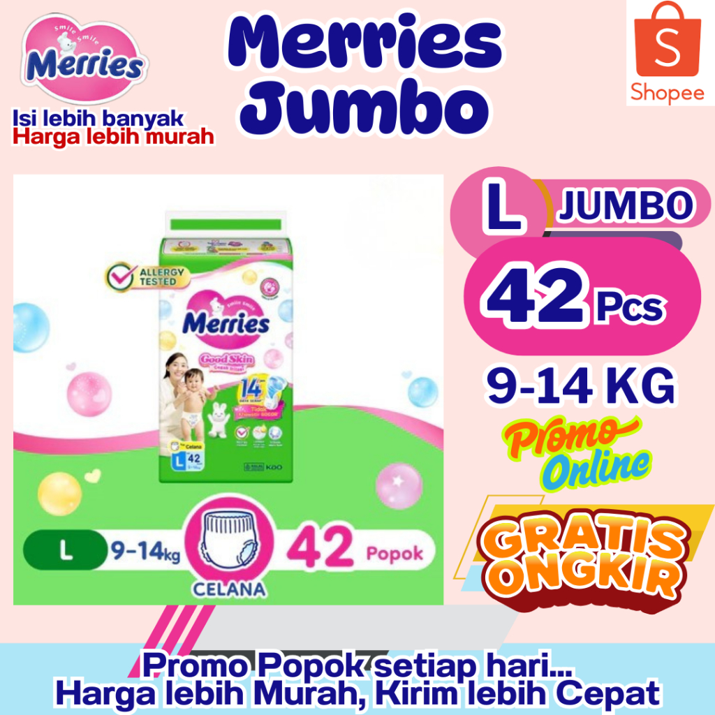 Merries Jumbo Packaging Size L 42 ชิ้น BB (9-14Kg) บรรจุ 42 - หมดอายุ 2028