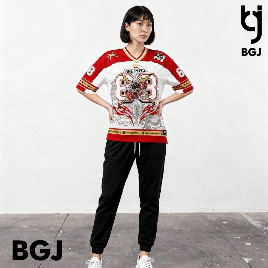 BGJ Jersey Boxy Oversize Red White Anime One Piece Number Series 68 Unisex เด็กและผู้ใหญ่