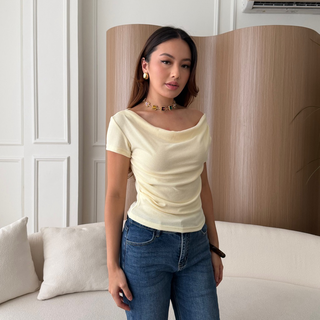 TOP PATTERN | ลาเล | Womens Knit Rib Top New Top Womens Short Sleeve Basic Short Sleeve Sabrina Summer Stretch Multiway T-Shirt