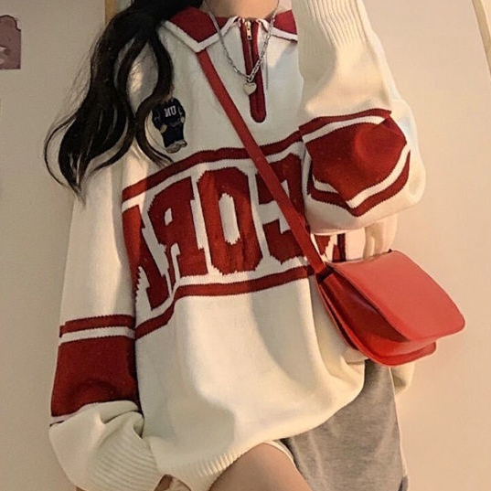 [Sixor] American top American retro bear pullover polo zipper collar sweater Mahasaiswi คู่ BF jake