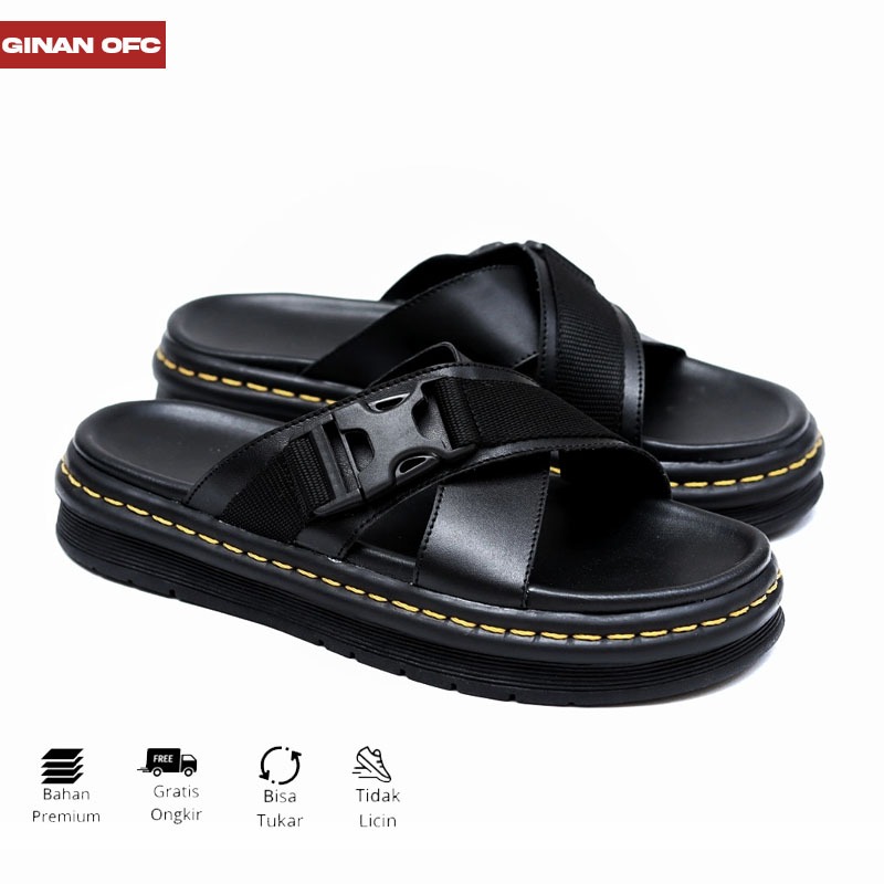 GIANN Igris Black - รองเท้าแตะสไลด์ลําลองผู้ชายสีดําหนังสังเคราะห์ Distro รองเท้าแตะ