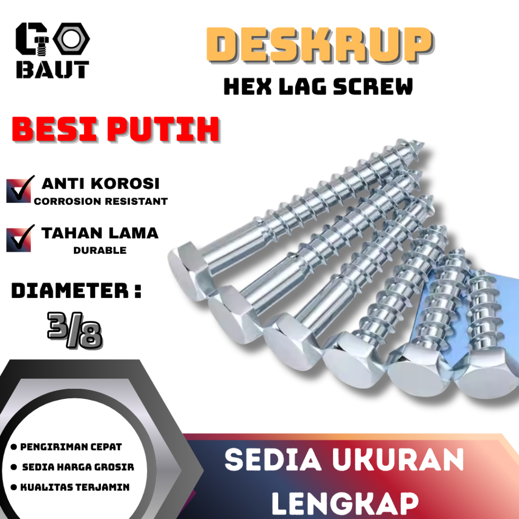 Hex Lag Screw / Desckrew / Deskrup / Wood Screw Bolt (สีขาว) 3/8"