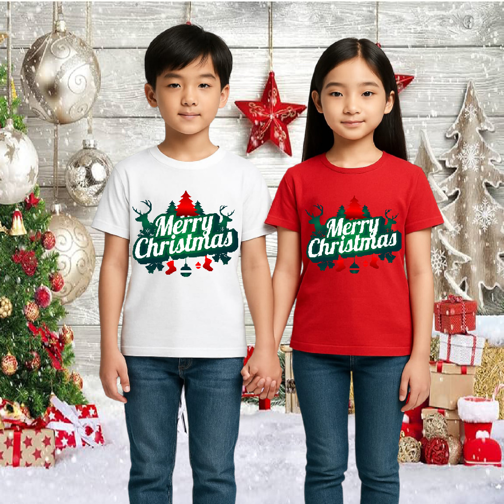 Merry Christmas Deer Christmas Tree Snowball เครื่องประดับ Feliz Navidad ทันทีคริสต์มาสคู่เสื้อยืด x