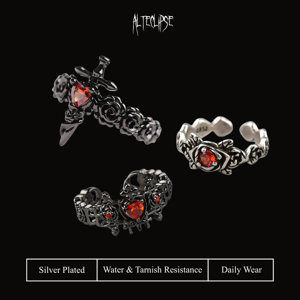 Alteclipse Silver Crimson Ring Set // R33 Red Heart Ring Set, Silver Ring Set, Aesthetic Dark Jewelr