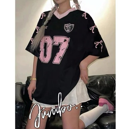 Nunu-FASHION Korea Over size Jersey T-shirt เสื้อยืดผู้หญิง Jumbo เสื้อยืดตัวเลขสีดํา ไนลอนหนาเรียบ