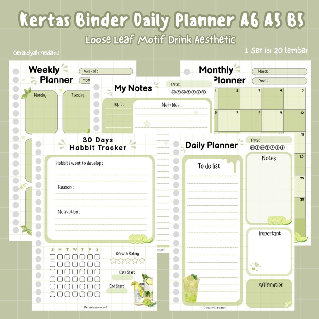 Daily Planner Binder Paper A6 A5 B5 Loose Leaf Motif Drink Green Aesthetic