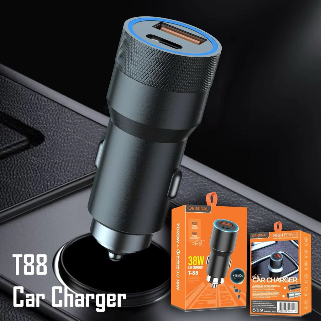 T-88 LED 38W USB-A Car Charger Adapter + Type-C Car Saver PD 38W QC3.0 T88 Fast Charging