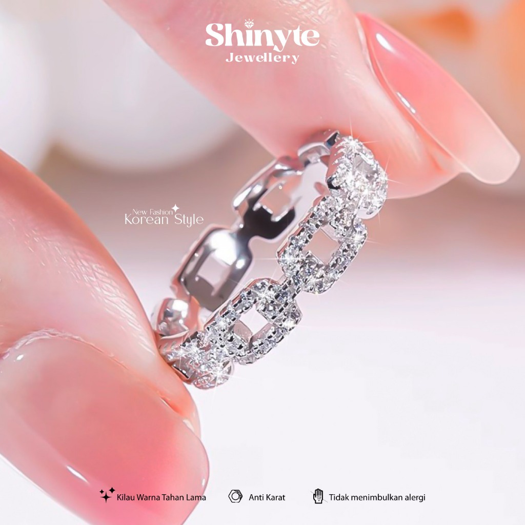 Shinyte Official Store S925 แหวนเงิน Sparkle Chain Link แหวนชุบทองป้องกันสนิมภูมิแพ้สไตล์เกาหลีเงินส