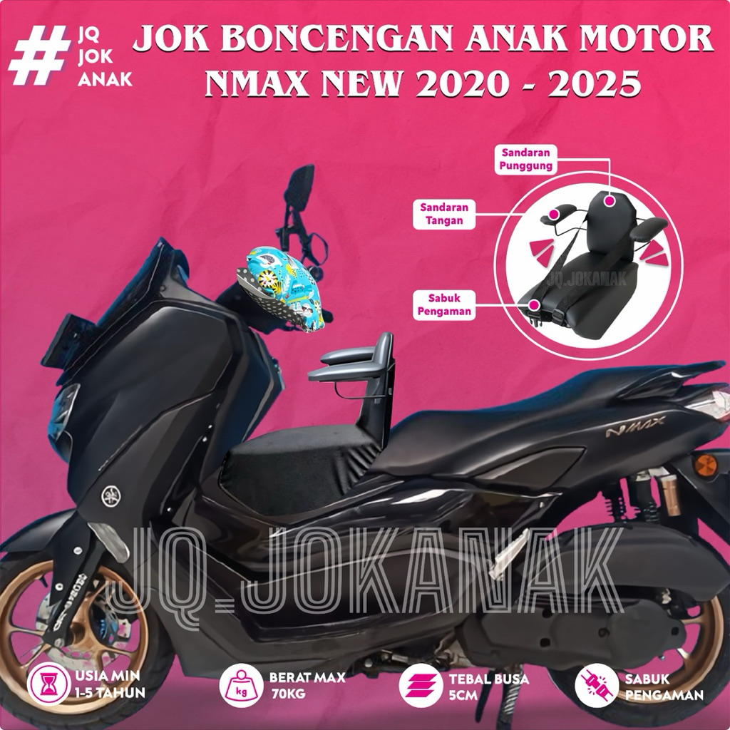ที่นั่งเด็กมอเตอร์ไซค์ด้านหน้า Pillion Nmax ใหม่ 2020 ถึง 2025 Plus ที่วางแขนเหล็ก, พนักพิงและเข็มขัดนิรภัย Jq Jokan