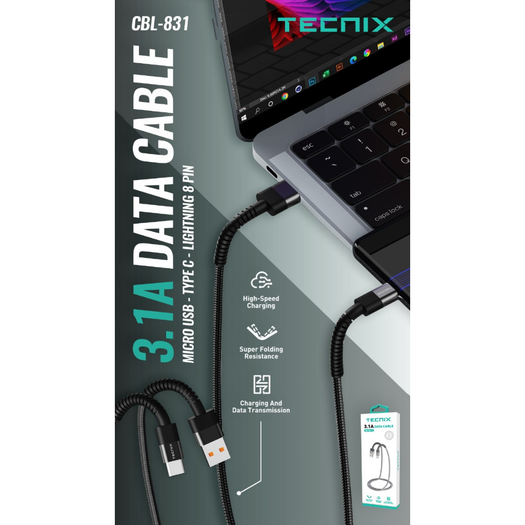Tecnix CBL-831M MICRO CBL-831C TYPE C CBL-831L IPHONE 3.1A Fast Charging สาย USB