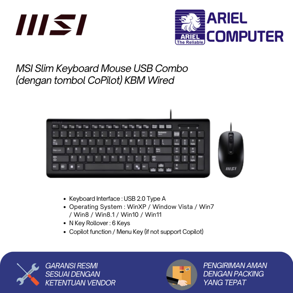 TOMBOL MSI Slim Keyboard Mouse USB Combo (มีปุ่ม CoPilot) แบบมีสาย KBM