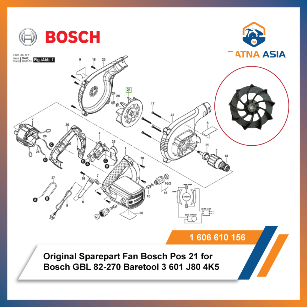พัดลมอะไหล่เดิม Bosch Pos 21 สําหรับ Bosch GBL 82-270 Baretool 3601J804K5