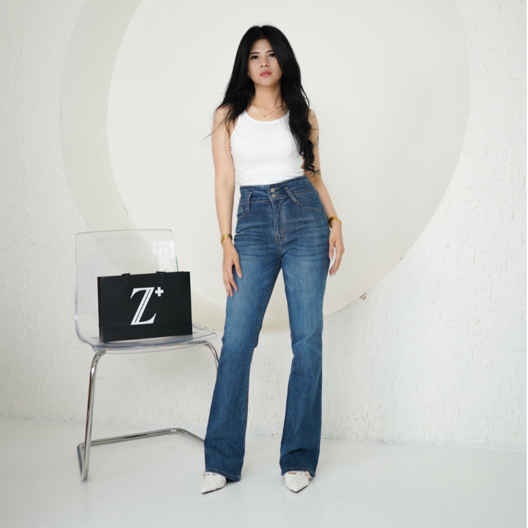Zie+ID - กางเกงยีนส์ Orlin Vintage Blue Cutbray Highwaist Jeans