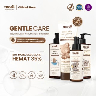Moell Gentle Care Body Wash 185gr & Body lotion 185gr & Shampoo 185gr & Hair Lotion 100ml - Paket Perawatan Bayi dan Anak Formulasi Dokter - kulit Kering & Sensitif - Skincare Anak