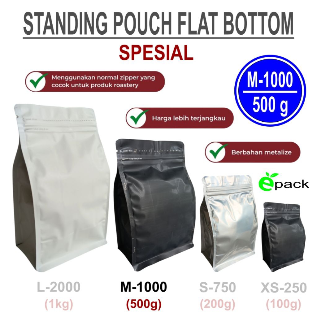500 GRAM COFFEE PACKAGING STANDING POUCH FLAT BOTTOM SPECIAL M-1000 VALVE ZIPLOCK PACKAGING COFFEE B