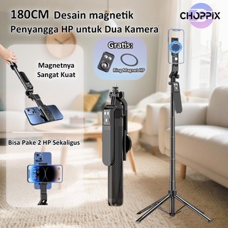 Choppix A14C Tripod Tongsis Bluetooth 180CM Aluminium Magnetic 2 HP Selfie Stick 4 Kaki Tripod Multifungsi Magnetic & Clip untuk 2 HP Bisa Buat Live & Vlog