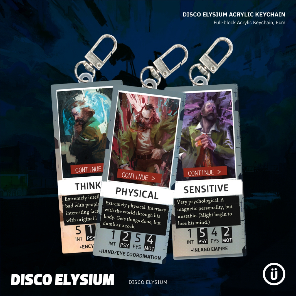 Disco Elysium - พวงกุญแจอะคริลิค Trait ตัวละคร - ผู้คิด ทางกายภาพ อ่อนไหว [Fanmade]