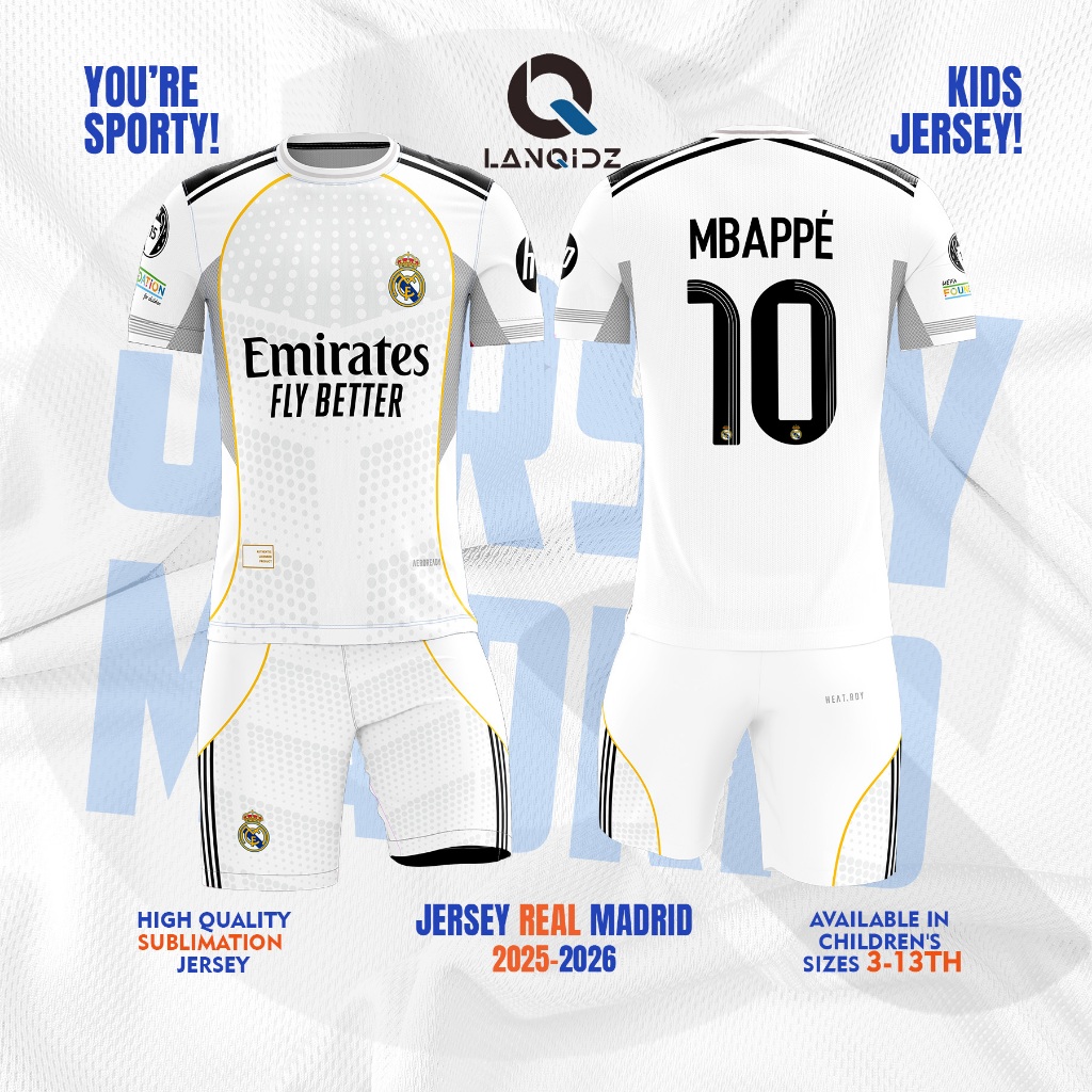 Mbappe Home เสื้อฟุตบอลเด็กสีขาว ชุดฟุตซอลซีซั่นล่าสุด | REAL MADRID 2025-2026 | LANQIDZ