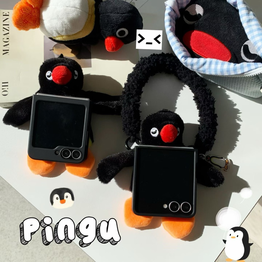 เคสใหม่ Samsung Zflip7 Penguin Pingu ขนกระเป๋าพร้อมสายโซ่น่ารัก TPU ปลอก Hp สําหรับ Samsung Z Flip 7