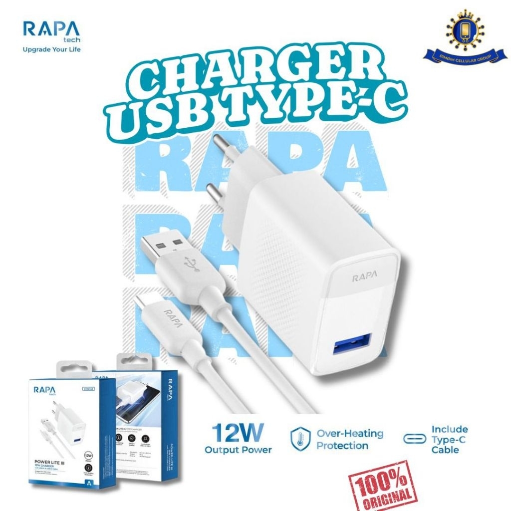RAPAtech CH4141 POWER LITE lll 12W เครื่องชาร์จพร้อมสายเคเบิลข้อมูล Usb Type-C 100Cm