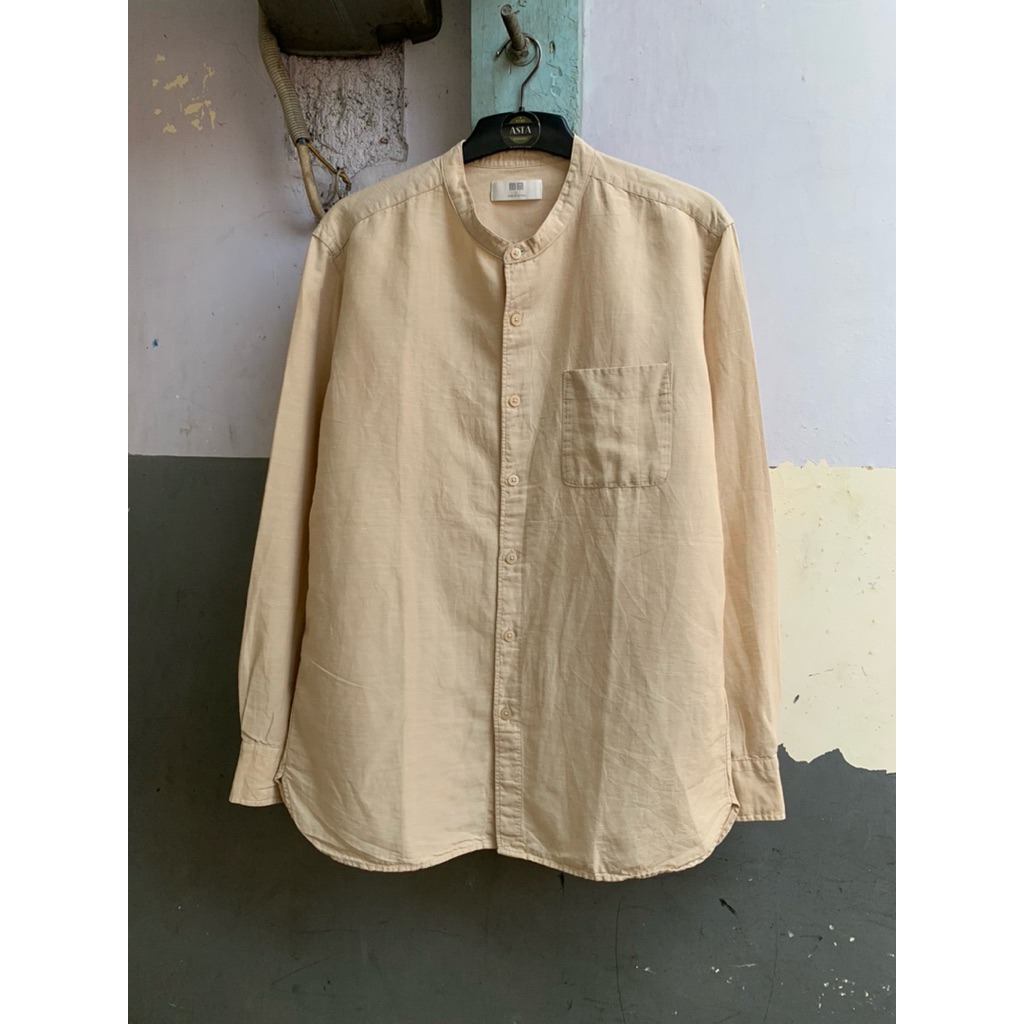 KEMEJA Uniklo เสื้อคอปกผ้าลินินแขนยาวธรรมดา SHB.08.18