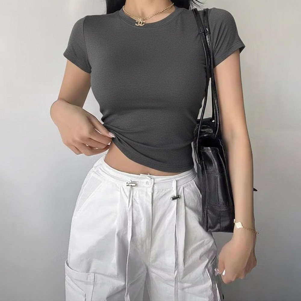 PLATINUM WORLD เสื้อครอปถักธรรมดา O คอ Fit Body - เสื้อเชิ้ตธรรมดาผู้หญิง X2