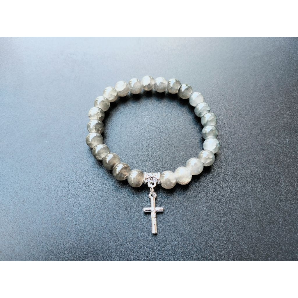 G977 แก้วหยกหรูหรา คริสตัล HEAVY PEARL CROSS BRACELET CATHOLIC BRACELET
