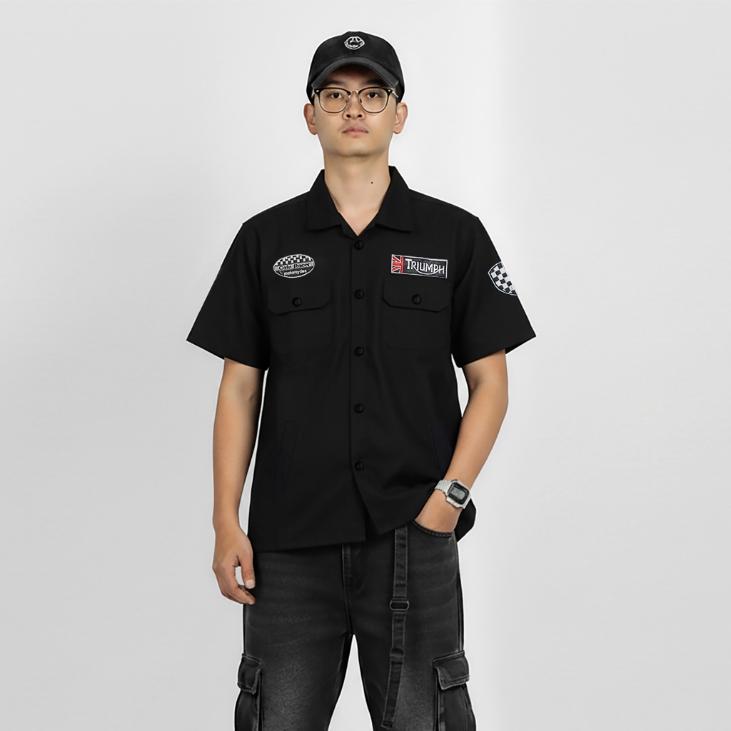 เคมีจา กะรัต 035 เสื้อทํางาน งานปักปะ / มอเตอร์ไซค์แต่ง เสื้อทํางานดีไซน์ลําลอง มีกระเป๋าสีดํา 6 ตัว