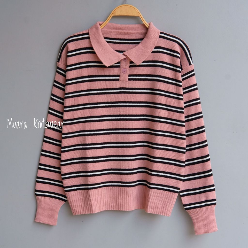 Muara Knitswear Polo Sweater Knit Button Strip Motif Women Casual Premium
