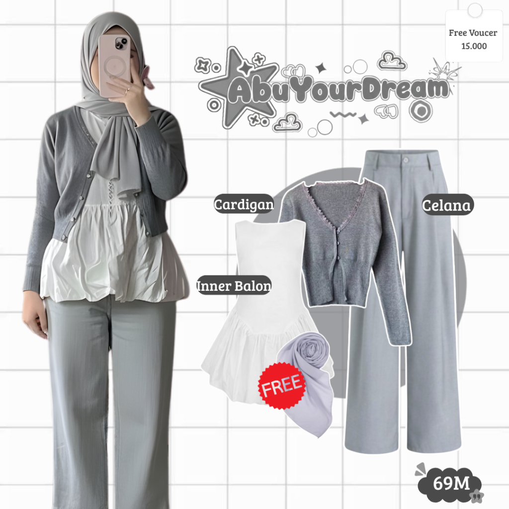 One Set 4in1 Modern Hijab Women - (กางเกงสีเทา + คาร์ดิแกนถักสีเทา + บอลลูนด้านใน) ชุดอินเทรนด์สําหร