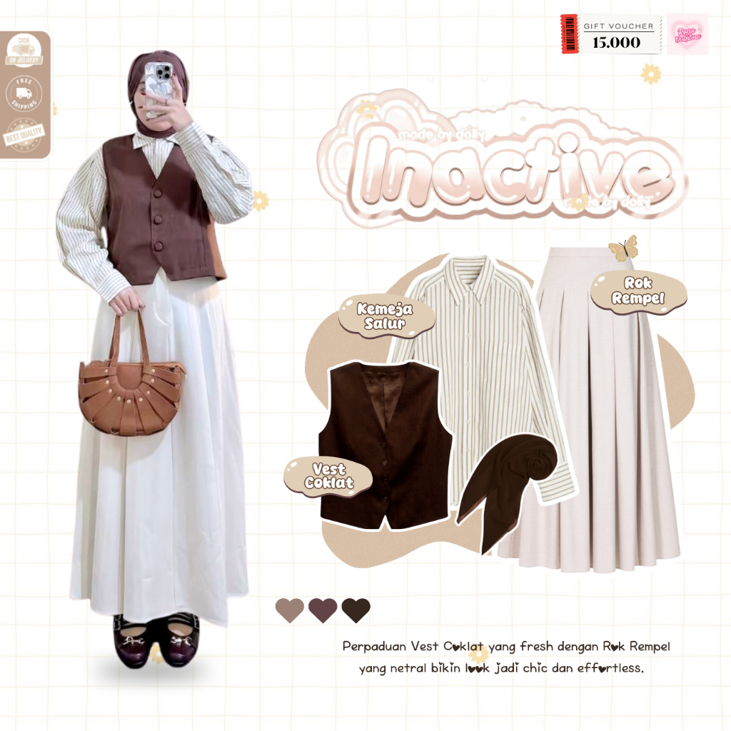 Cana Outfit for Women Hijab (เสื้อกั๊กสีน้ําตาล + เสื้อลายทาง + กระโปรงจีบ) Daily Outfit Viral - RO1
