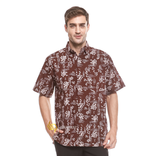 KEMEJA WAHDANI FLOWER FIBER Mens Modern Stamped Batik Shirt Short Sleeve Premium Karun