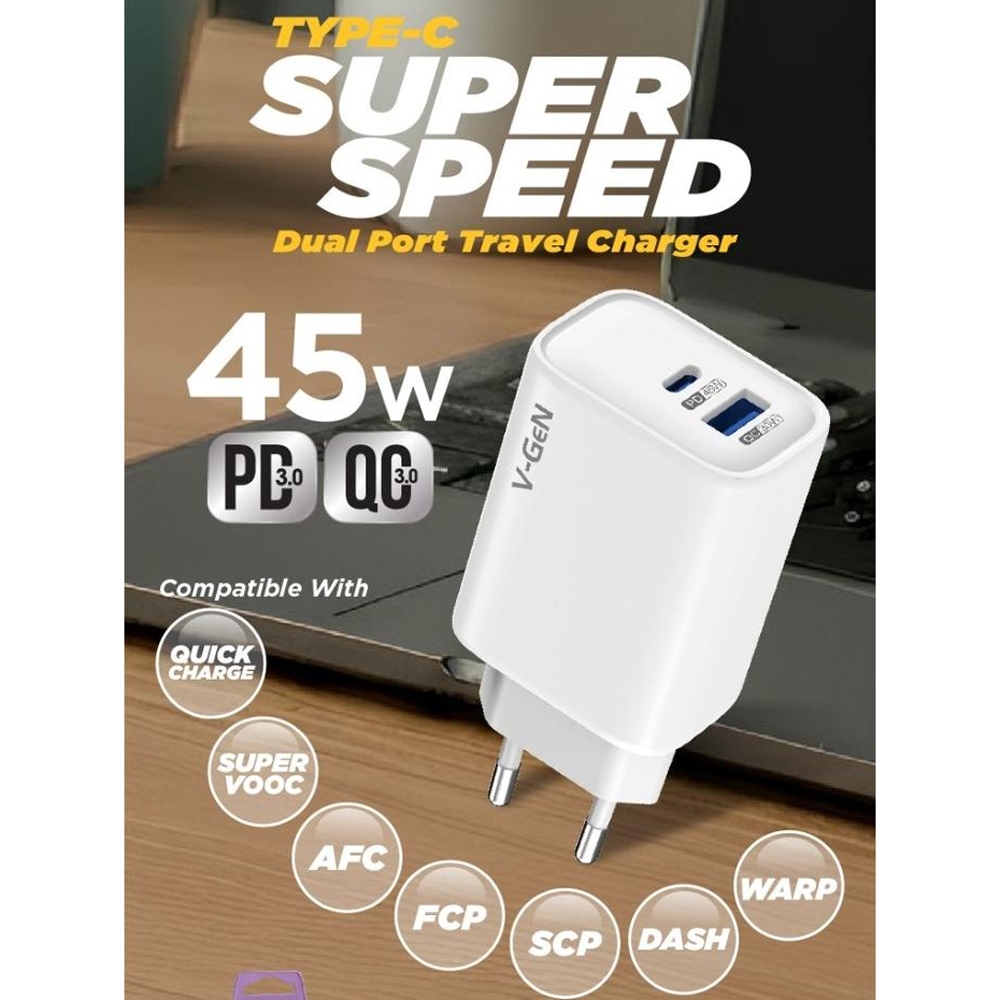 V-GeN VTC2-40 45W Dual Port USB-A & Type C Super VOOC Travel Charger Super Fast Charging QC3.0 ฟรี 1
