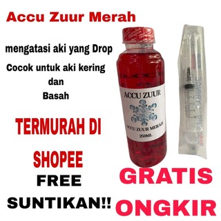 air aki zuur merah 250ml untuk aki drop (bonus suntikan)