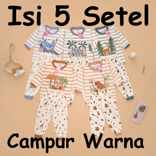 (ISI 5 SETEL) Setelan Anak & Bayi Unisex Animal Stripe Pajamas/ Baju Anak Laki Laki / Baju Bayi / Setelan Bayi Laki Laki / Baju Anak Anak/ Setelan Bayi  / Baju Anak Cowo / Pakaian Anak / Pakaian Bayi Usia 0 - 4 Tahun