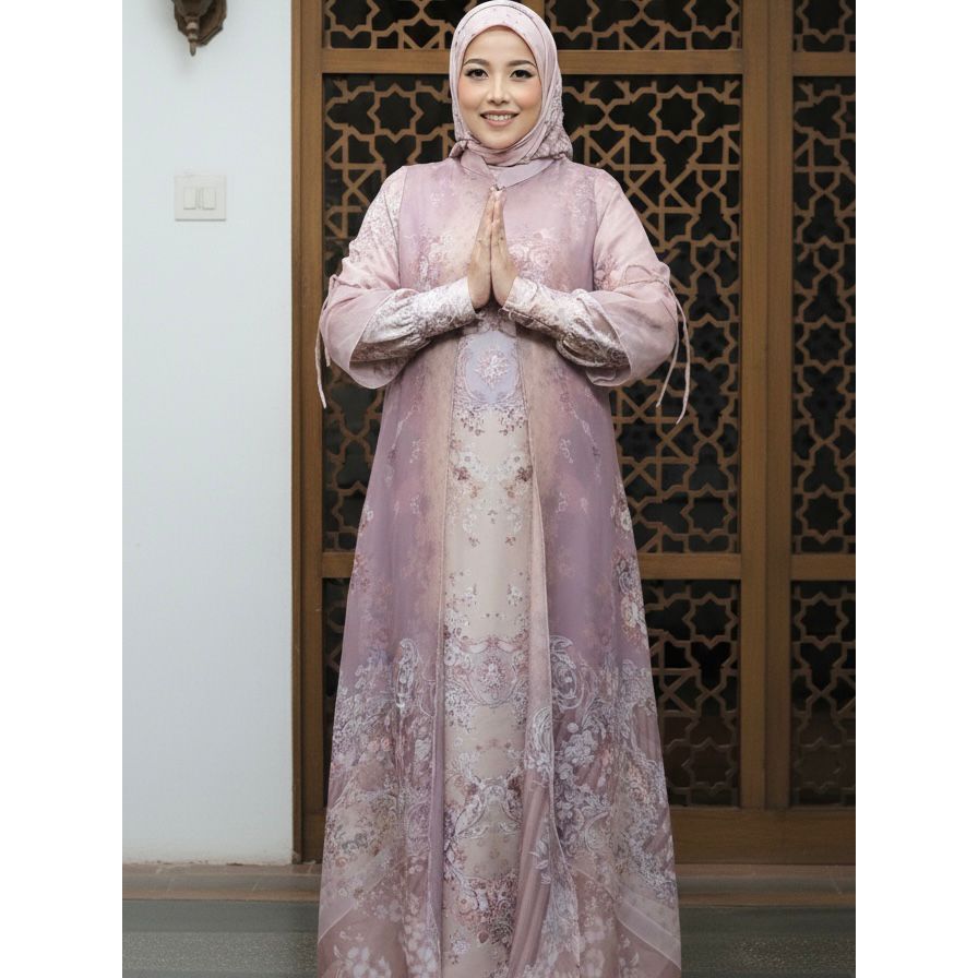 MAWAR Gamina Gamis ชุดผ้าไหมงาช้าง Rose Flower Motif ด้านนอก Organza ด้านในผ้าไหม LD 110 & 120 ซม. P