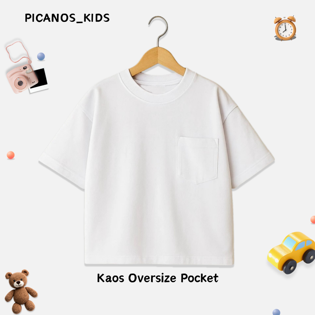 PICANOS KIDS - เสื้อยืดกระเป๋าเด็กขนาดใหญ่สีขาว / เสื้อเด็กสีขาว / เสื้อยืดเด็ก Oversize ธรรมดา PS02