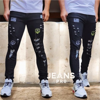 Celana jeans pria sobek ripped emblem bordir streetch melar skinny original denim nyaman keren